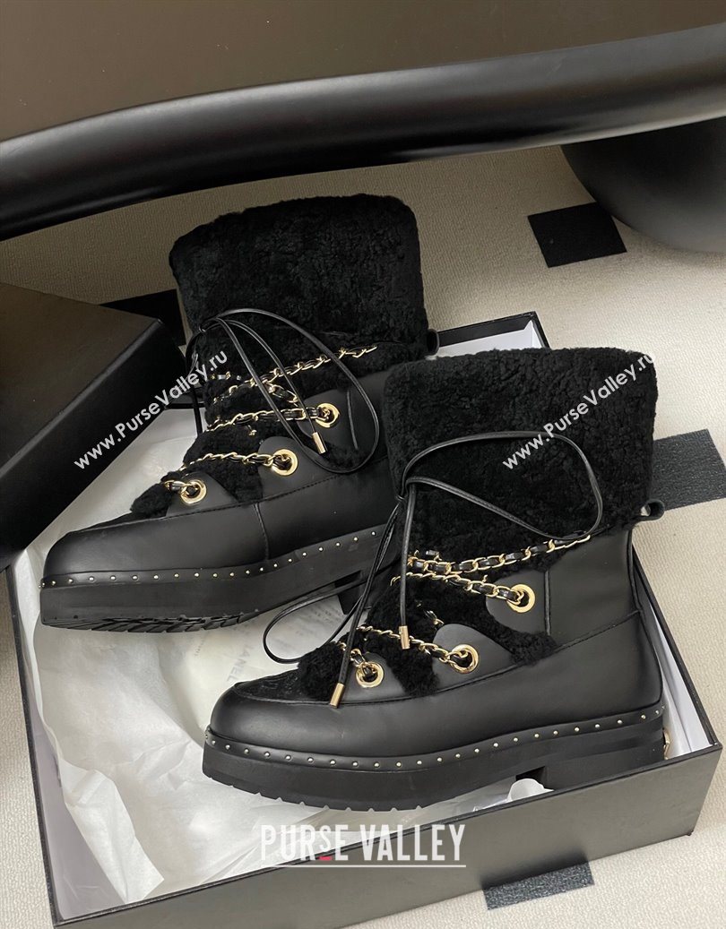 Chanel Calfskin Leather and Wool Snow Ankle Boots with Chain Black2 2025 CH110403 (MD-251104064)