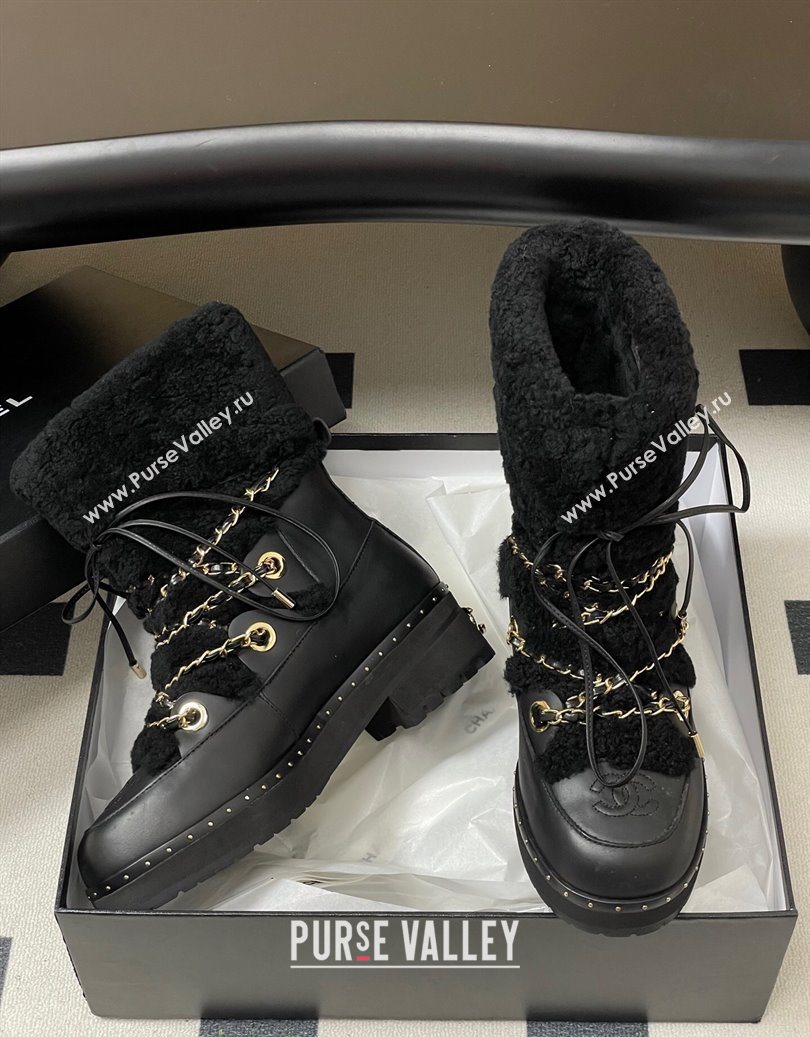 Chanel Calfskin Leather and Wool Snow Ankle Boots with Chain Black2 2025 CH110403 (MD-251104064)