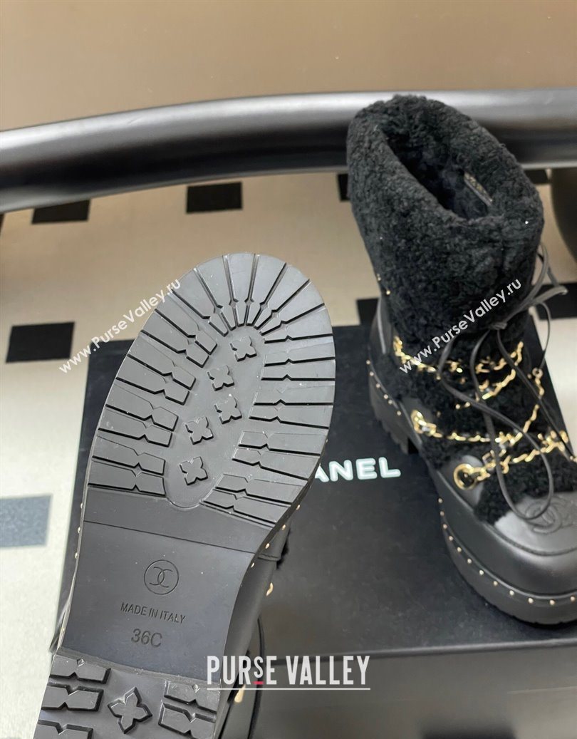 Chanel Calfskin Leather and Wool Snow Ankle Boots with Chain Black2 2025 CH110403 (MD-251104064)