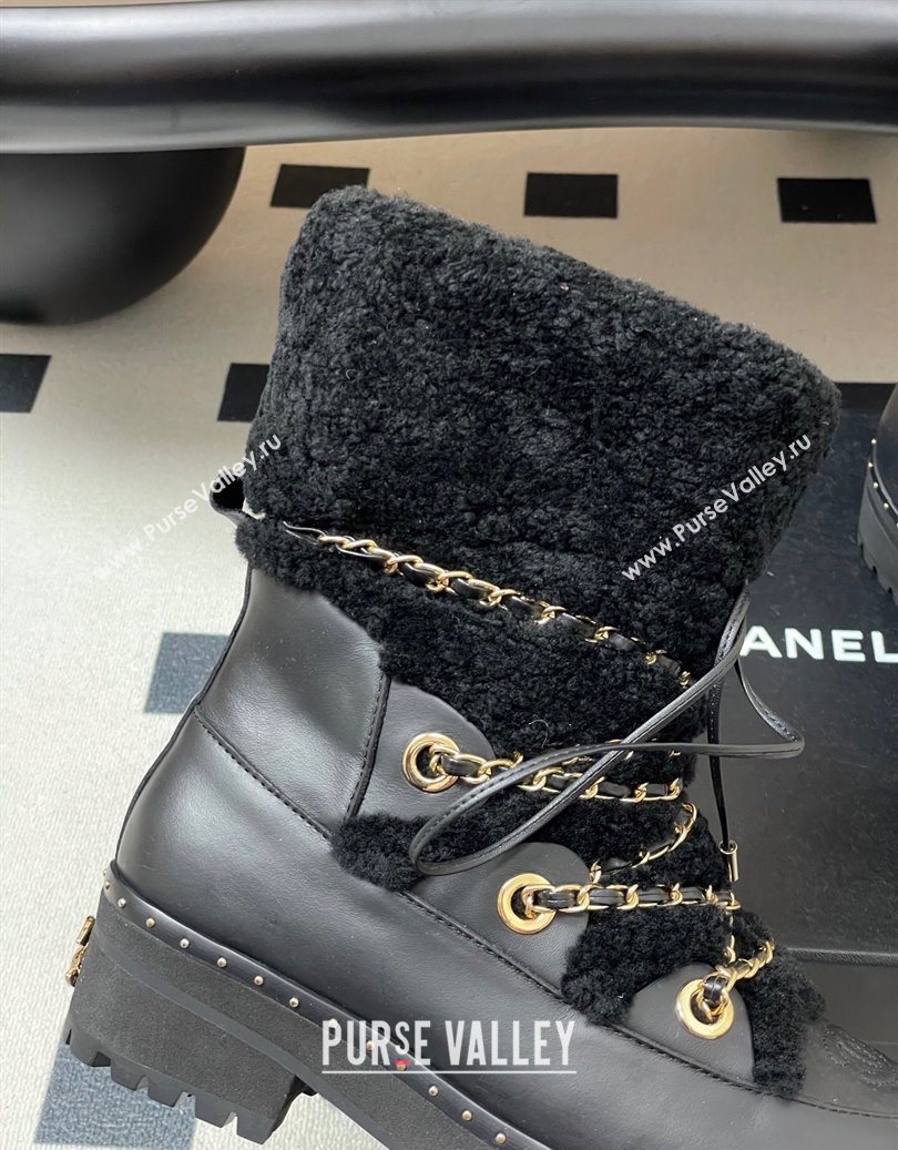 Chanel Calfskin Leather and Wool Snow Ankle Boots with Chain Black2 2025 CH110403 (MD-251104064)