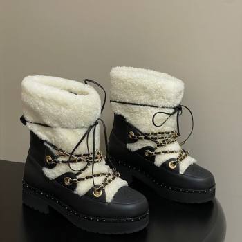 Chanel Calfskin Leather and Wool Snow Ankle Boots with Chain Black/White 2025 CH110403 (MD-251104065)