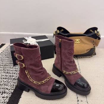 Chanel Suede Patent Leather Platform Ankle Boots with Chain and Buckle Burgundy 2025 CH110412 (MD-251104057)