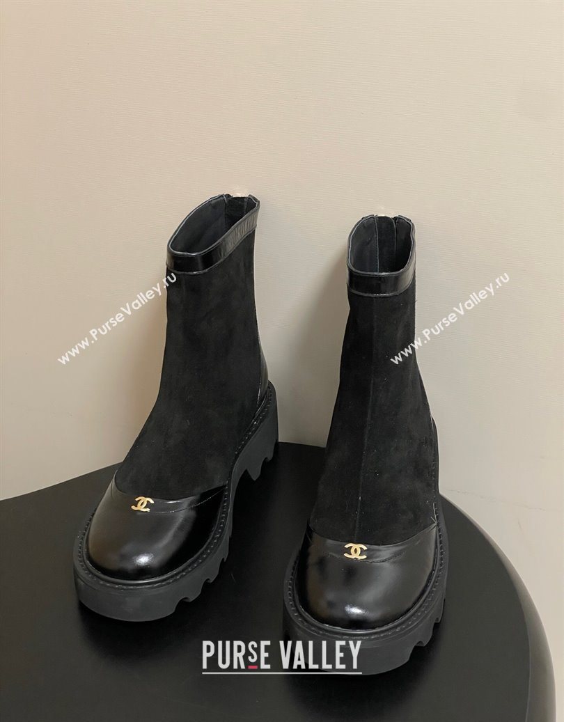 Chanel Suede and Shiny Calfskin Platform Ankle Boots Black 2025 CH110404 (MD-251104067)