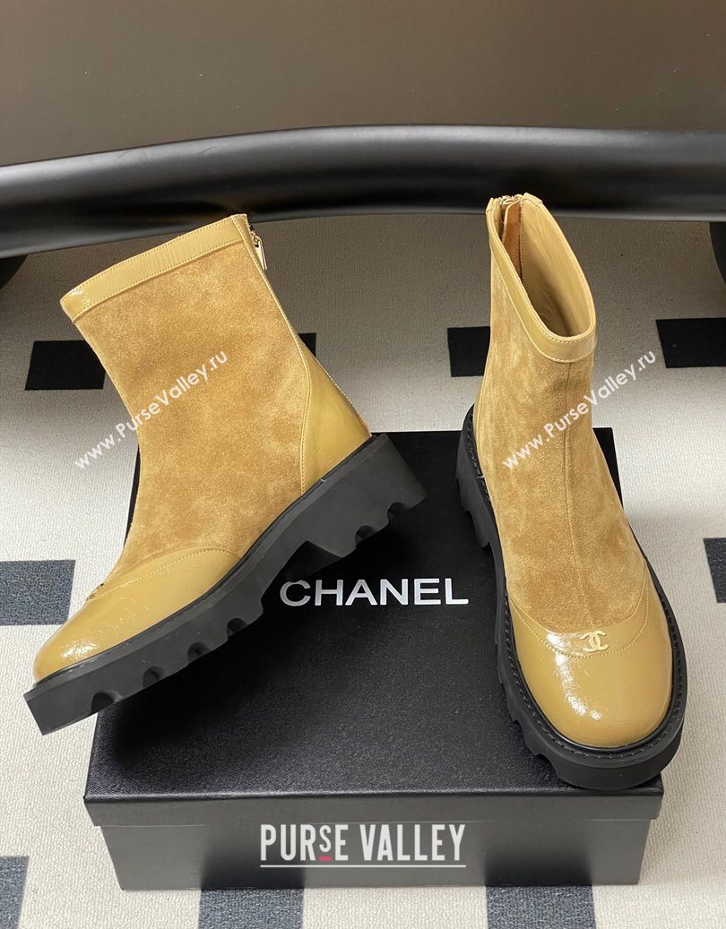 Chanel Suede and Shiny Calfskin Platform Ankle Boots Beige Yellow 2025 CH110404 (MD-251104069)