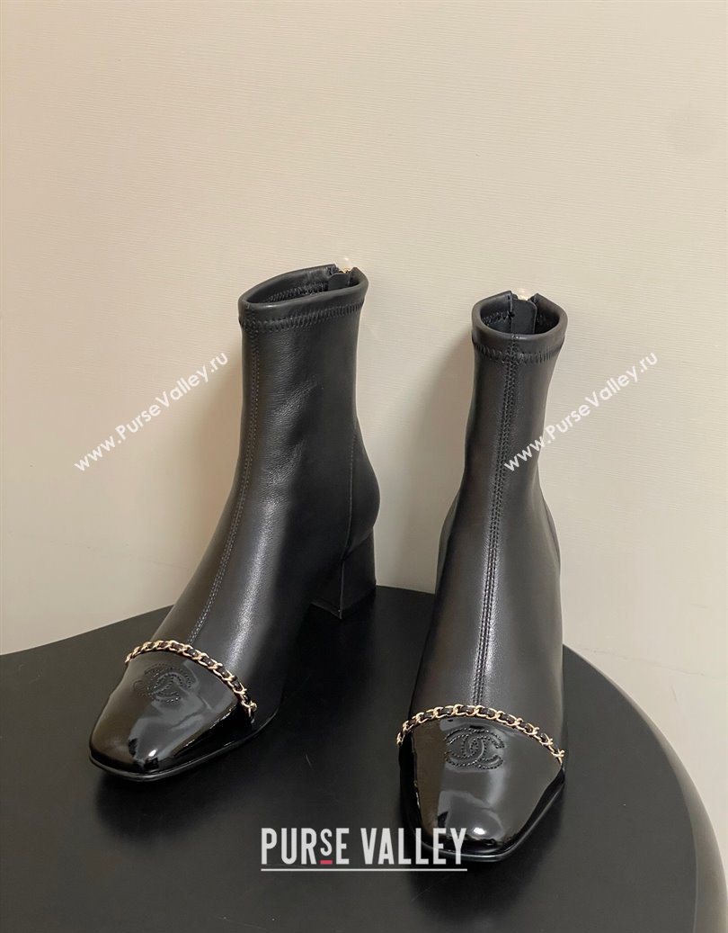 Chanel Stretch Lambskin and Patent Leather Heel Ankle Boots 5cm with Chain Black 2025 CH110405 (MD-251104072)