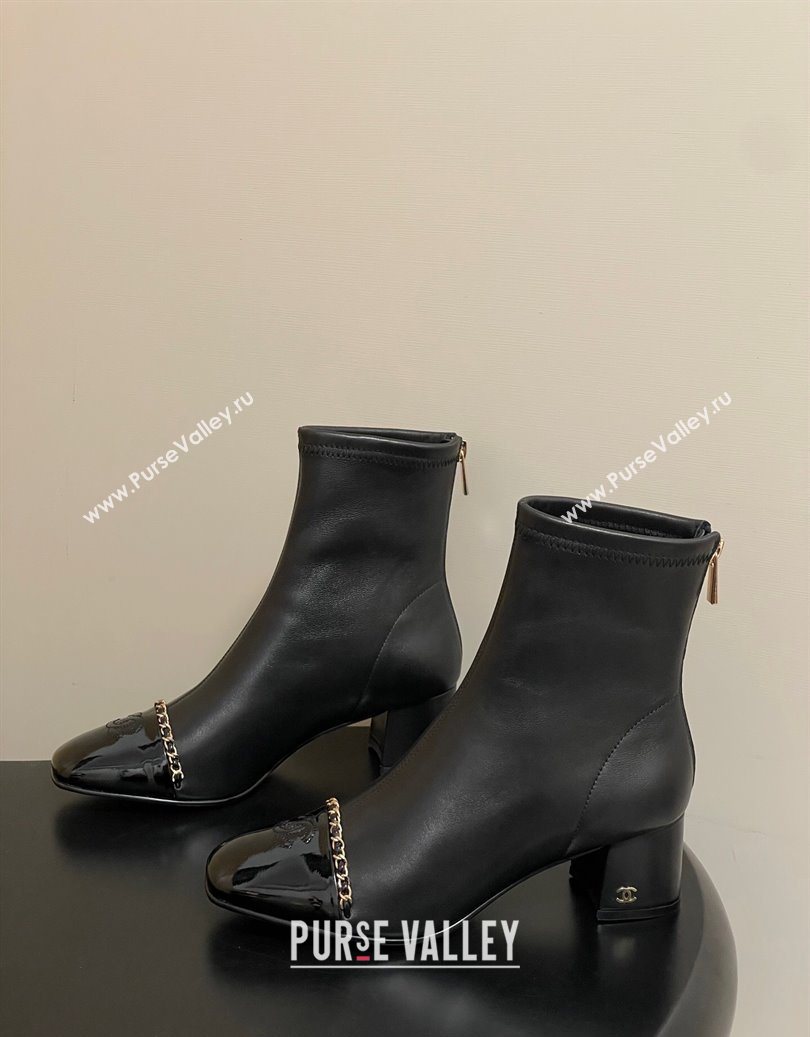 Chanel Stretch Lambskin and Patent Leather Heel Ankle Boots 5cm with Chain Black 2025 CH110405 (MD-251104072)