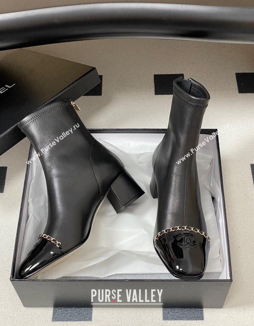 Chanel Stretch Lambskin and Patent Leather Heel Ankle Boots 5cm with Chain Black 2025 CH110405 (MD-251104072)