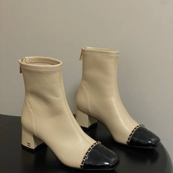 Chanel Stretch Lambskin and Patent Leather Heel Ankle Boots 5cm with Chain Beige 2025 CH110405 (MD-251104073)