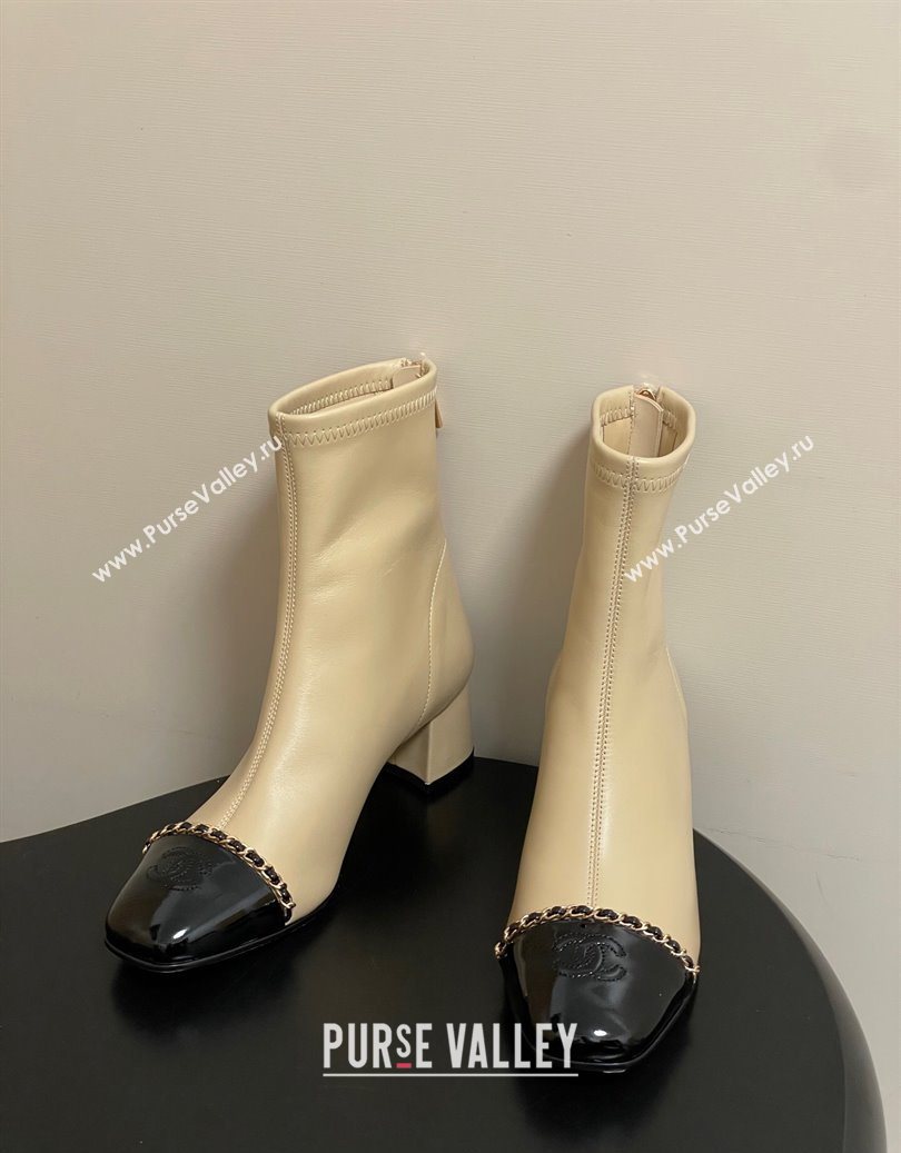 Chanel Stretch Lambskin and Patent Leather Heel Ankle Boots 5cm with Chain Beige 2025 CH110405 (MD-251104073)
