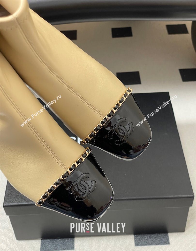 Chanel Stretch Lambskin and Patent Leather Heel Ankle Boots 5cm with Chain Beige 2025 CH110405 (MD-251104073)