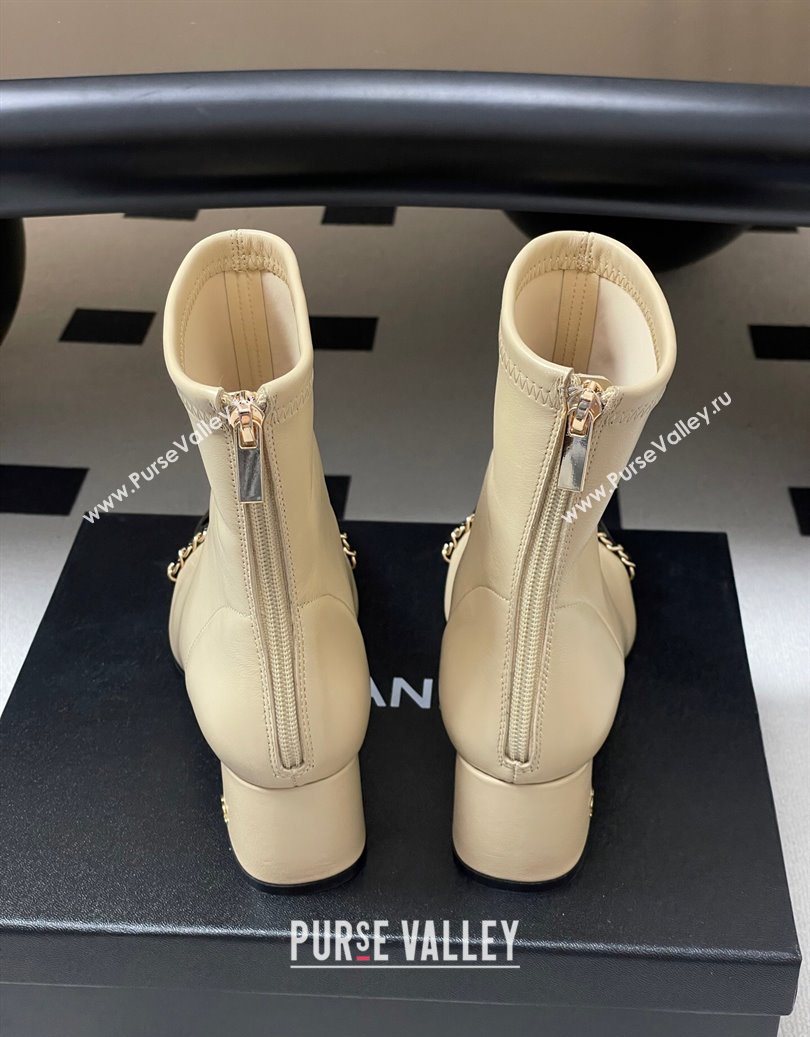 Chanel Stretch Lambskin and Patent Leather Heel Ankle Boots 5cm with Chain Beige 2025 CH110405 (MD-251104073)
