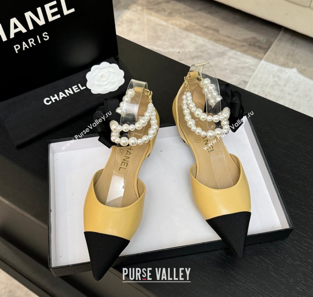 Chanel Lambskin Grosgrain Flats Shoes with Pearls and Camellia Bloom Beige Yellow 2025 CH110313 (MD-251103113)