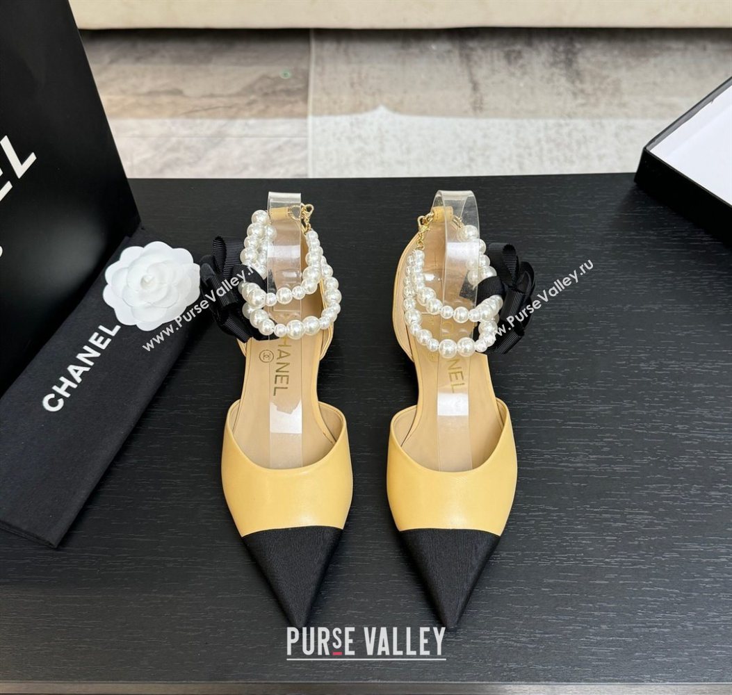 Chanel Lambskin Grosgrain Flats Shoes with Pearls and Camellia Bloom Beige Yellow 2025 CH110313 (MD-251103113)