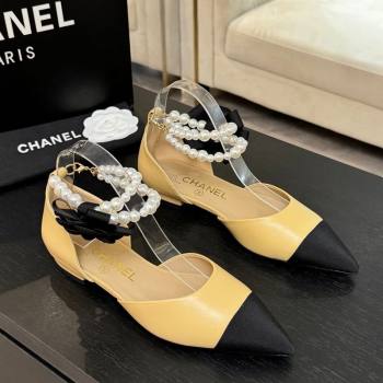 Chanel Lambskin Grosgrain Flats Shoes with Pearls and Camellia Bloom Beige Yellow 2025 CH110313 (MD-251103113)