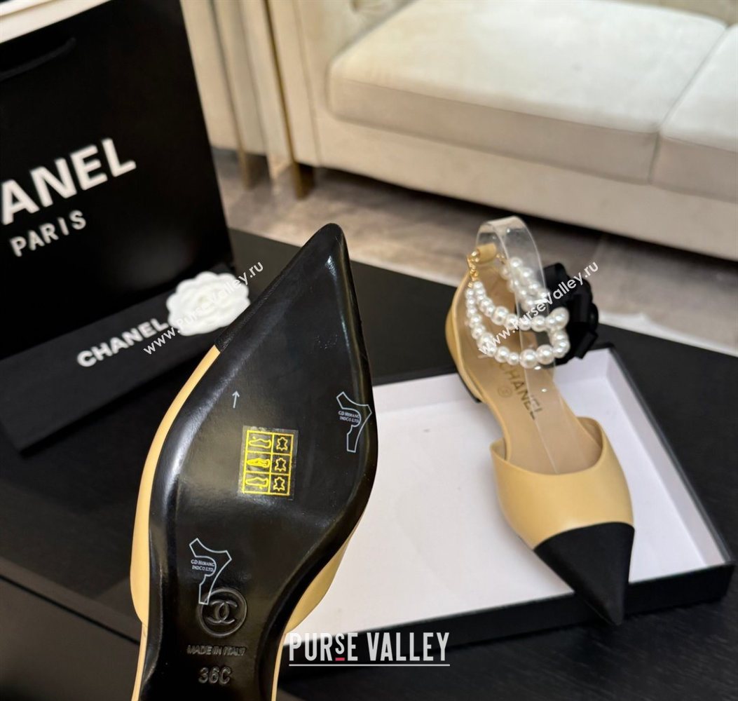 Chanel Lambskin Grosgrain Flats Shoes with Pearls and Camellia Bloom Beige Yellow 2025 CH110313 (MD-251103113)
