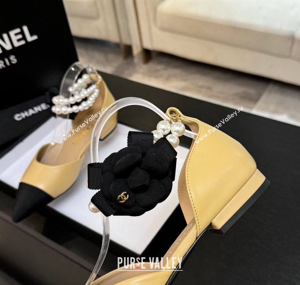 Chanel Lambskin Grosgrain Flats Shoes with Pearls and Camellia Bloom Beige Yellow 2025 CH110313 (MD-251103113)