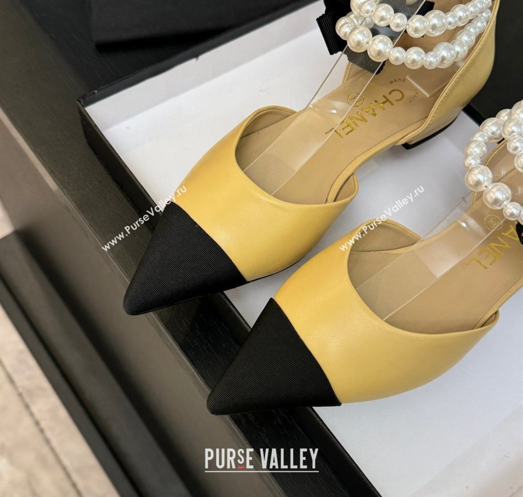 Chanel Lambskin Grosgrain Flats Shoes with Pearls and Camellia Bloom Beige Yellow 2025 CH110313 (MD-251103113)