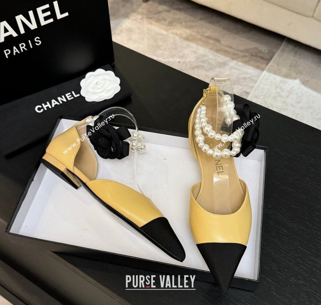 Chanel Lambskin Grosgrain Flats Shoes with Pearls and Camellia Bloom Beige Yellow 2025 CH110313 (MD-251103113)