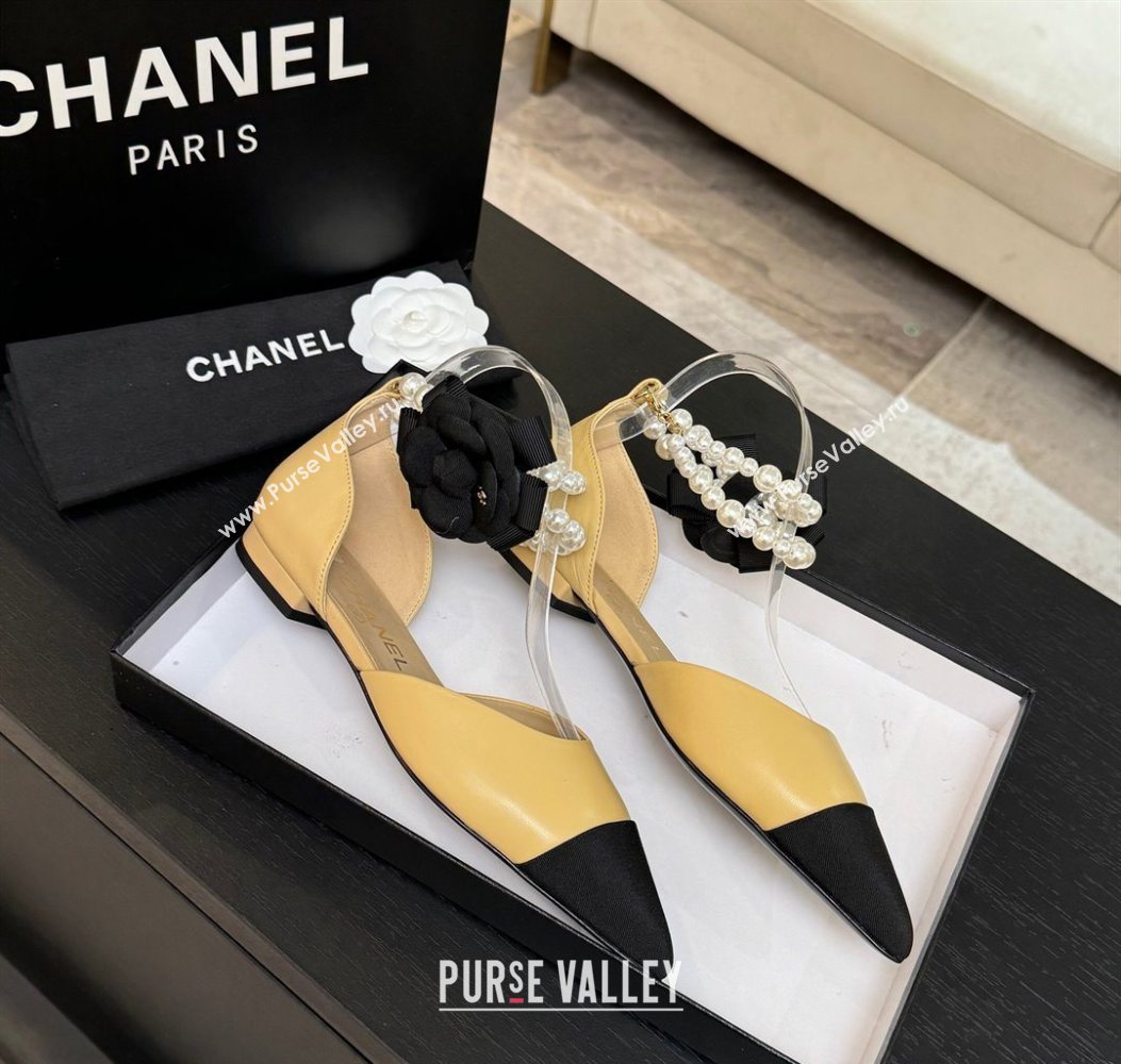 Chanel Lambskin Grosgrain Flats Shoes with Pearls and Camellia Bloom Beige Yellow 2025 CH110313 (MD-251103113)