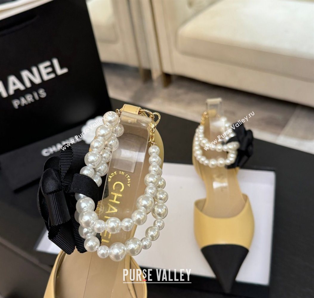 Chanel Lambskin Grosgrain Flats Shoes with Pearls and Camellia Bloom Beige Yellow 2025 CH110313 (MD-251103113)