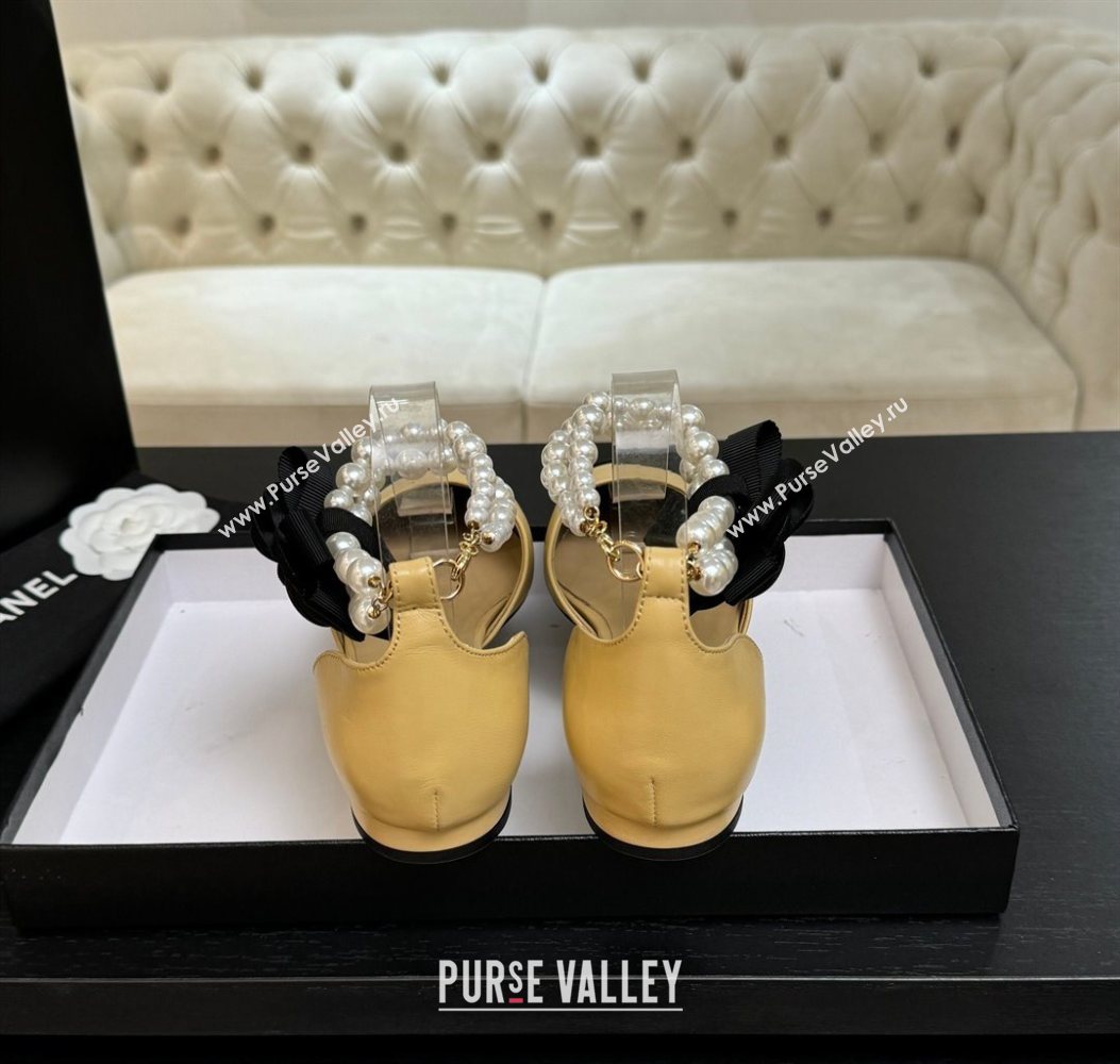Chanel Lambskin Grosgrain Flats Shoes with Pearls and Camellia Bloom Beige Yellow 2025 CH110313 (MD-251103113)
