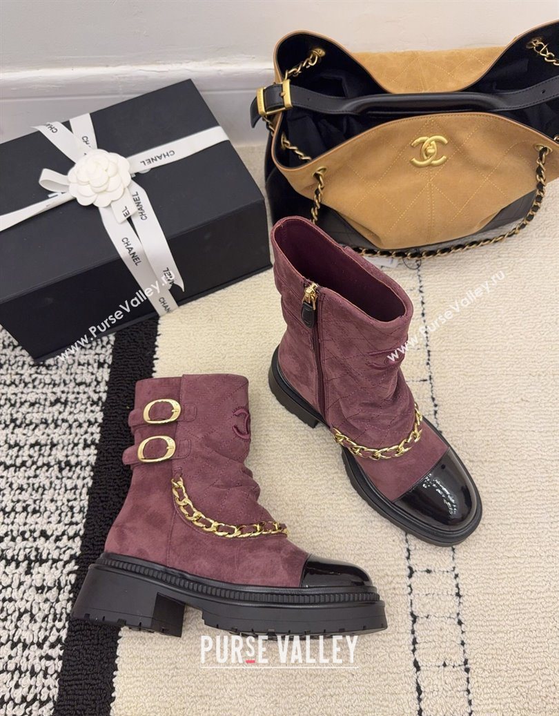 Chanel Suede Patent Leather Platform Ankle Boots with Chain and Buckle Burgundy 2025 CH110412 (MD-251104057)