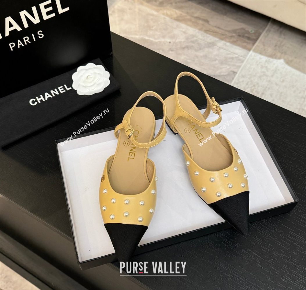 Chanel Lambskin Grosgrain Flats Slingbacks with Pearls Beige Yellow 2025 CH110314 (MD-251103116)