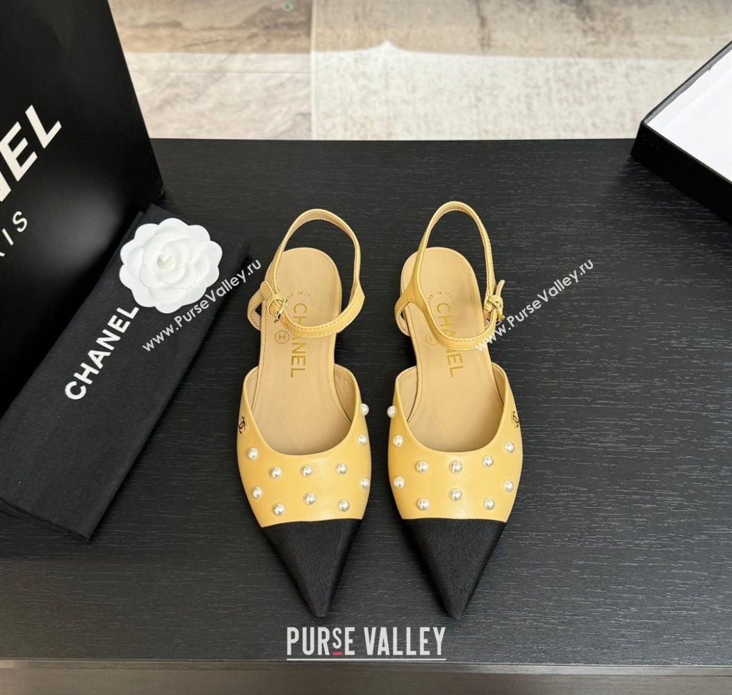 Chanel Lambskin Grosgrain Flats Slingbacks with Pearls Beige Yellow 2025 CH110314 (MD-251103116)