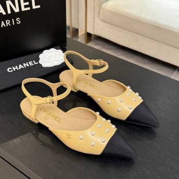 Chanel Lambskin Grosgrain Flats Slingbacks with Pearls Beige Yellow 2025 CH110314 (MD-251103116)
