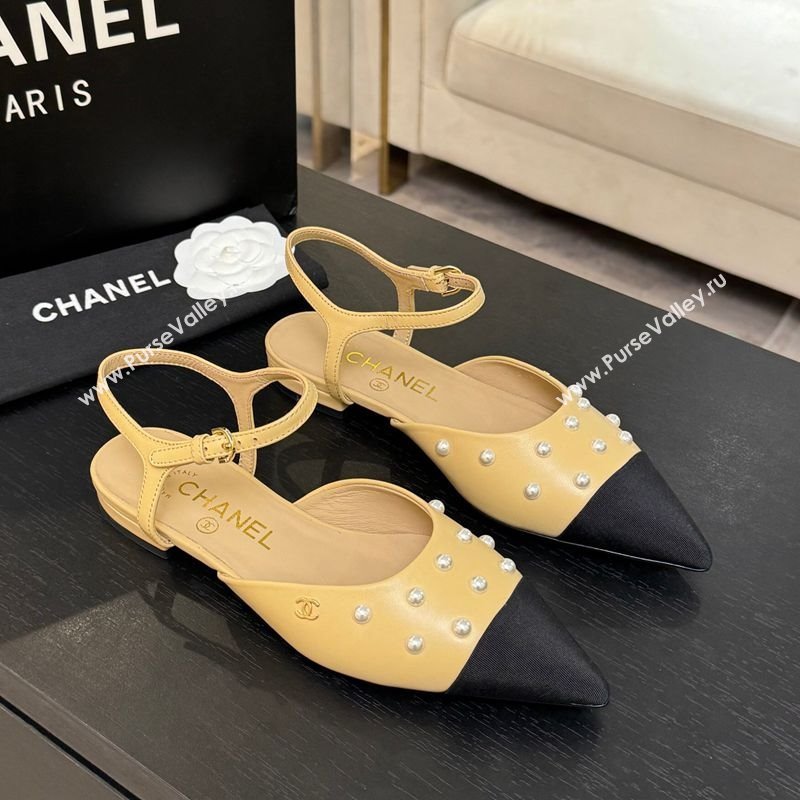 Chanel Lambskin Grosgrain Flats Slingbacks with Pearls Beige Yellow 2025 CH110314 (MD-251103116)