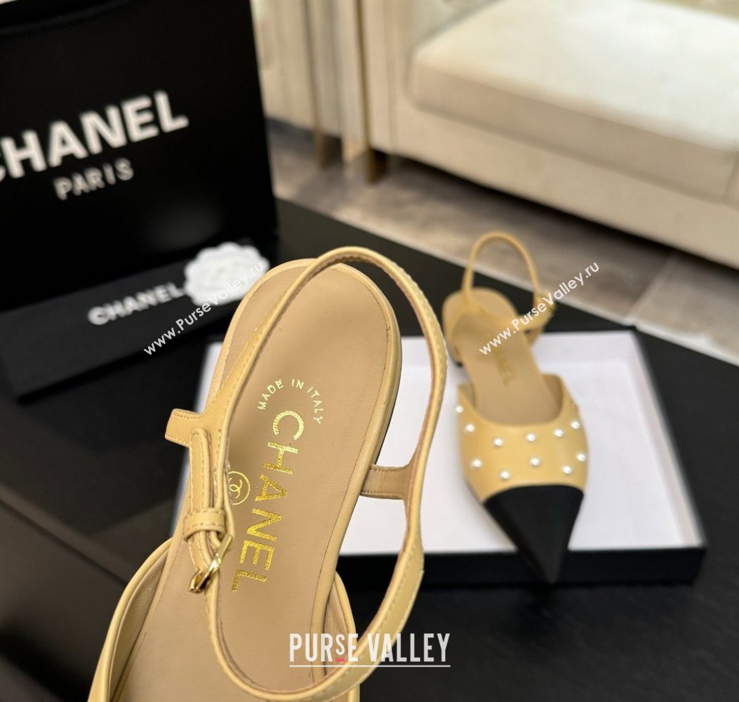 Chanel Lambskin Grosgrain Flats Slingbacks with Pearls Beige Yellow 2025 CH110314 (MD-251103116)