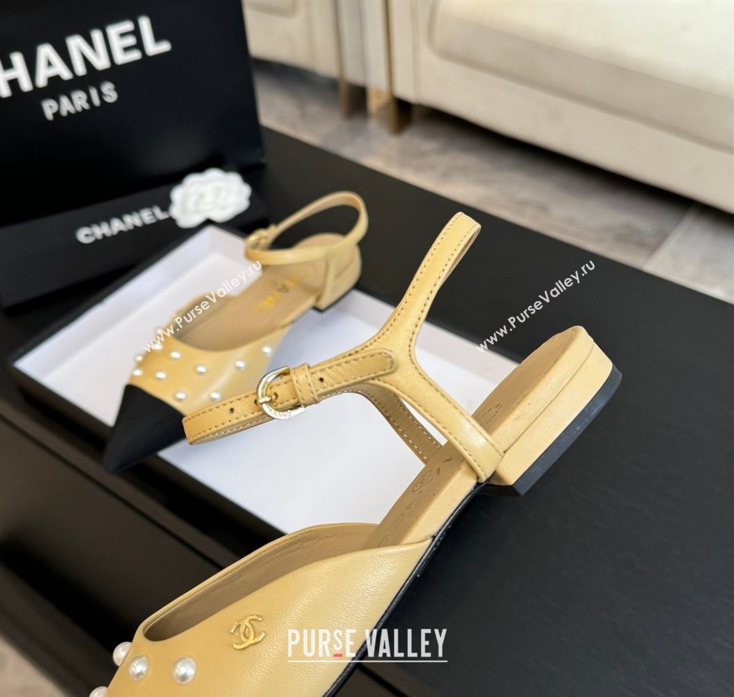 Chanel Lambskin Grosgrain Flats Slingbacks with Pearls Beige Yellow 2025 CH110314 (MD-251103116)