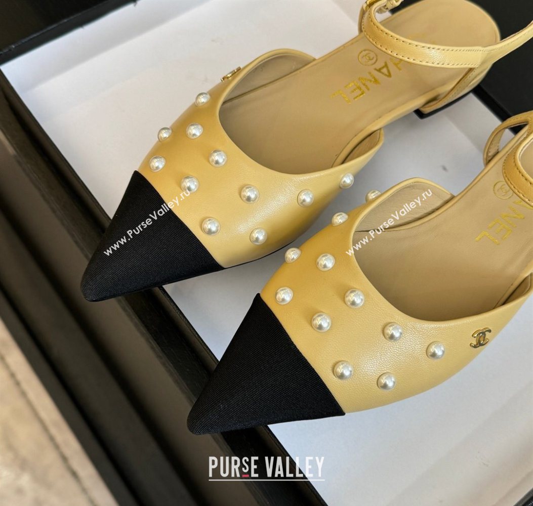 Chanel Lambskin Grosgrain Flats Slingbacks with Pearls Beige Yellow 2025 CH110314 (MD-251103116)