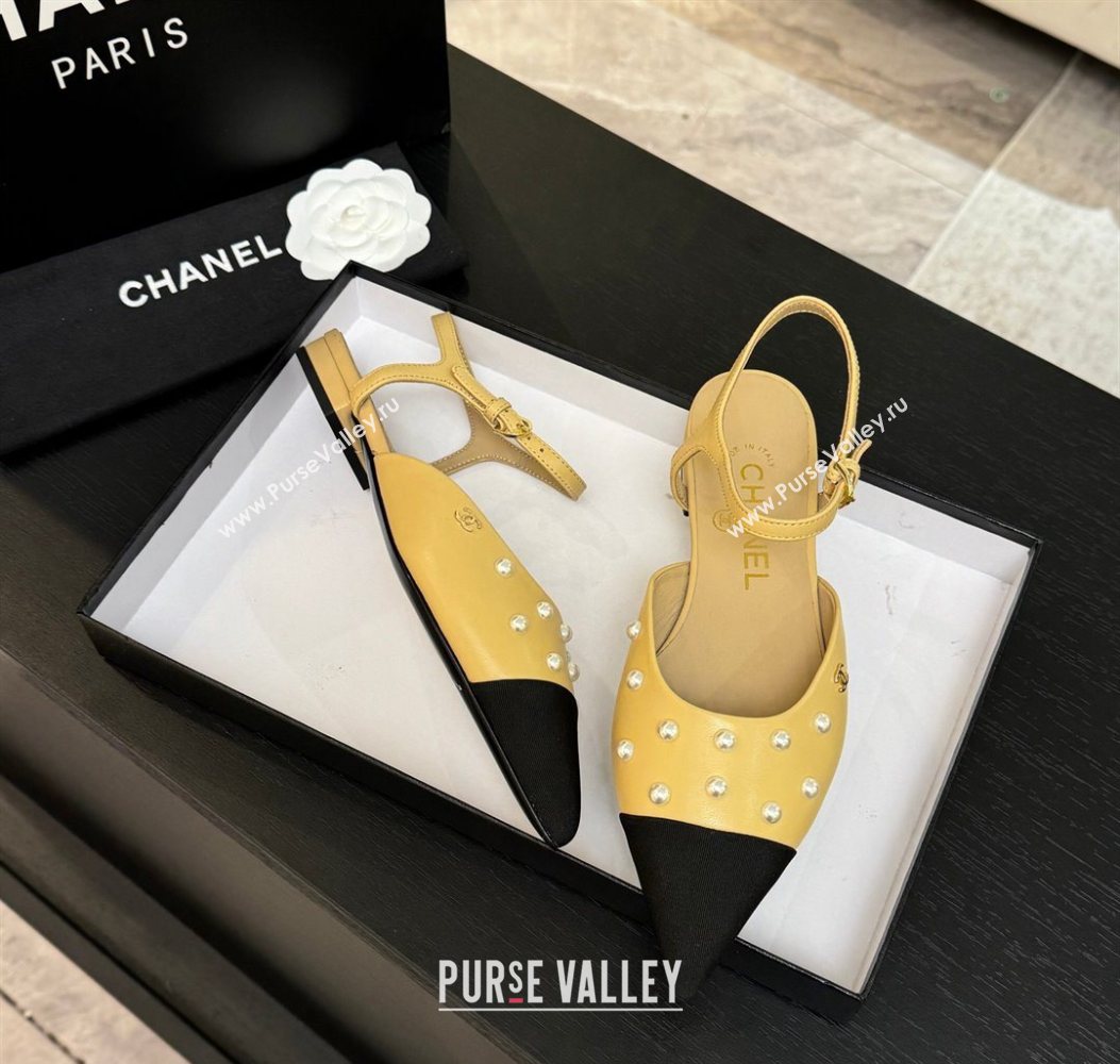 Chanel Lambskin Grosgrain Flats Slingbacks with Pearls Beige Yellow 2025 CH110314 (MD-251103116)