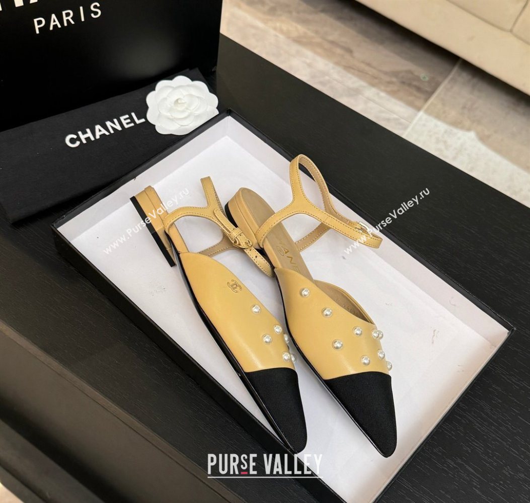Chanel Lambskin Grosgrain Flats Slingbacks with Pearls Beige Yellow 2025 CH110314 (MD-251103116)