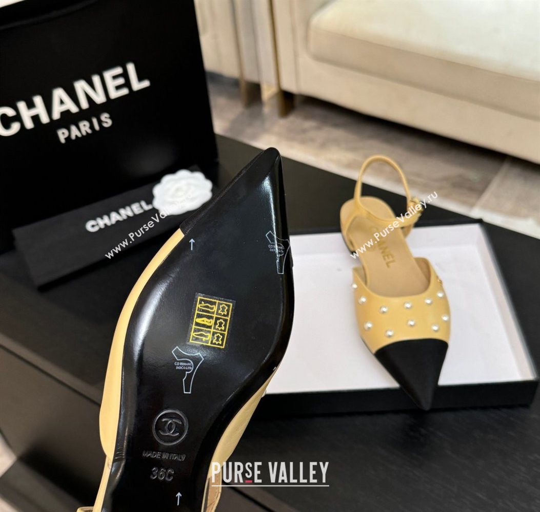 Chanel Lambskin Grosgrain Flats Slingbacks with Pearls Beige Yellow 2025 CH110314 (MD-251103116)