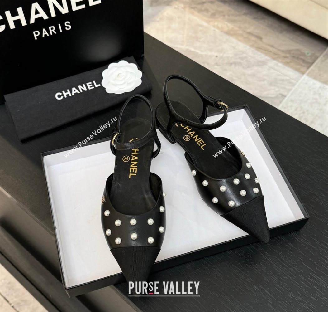 Chanel Lambskin Grosgrain Flats Slingbacks with Pearls Black 2025 CH110314 (MD-251103117)
