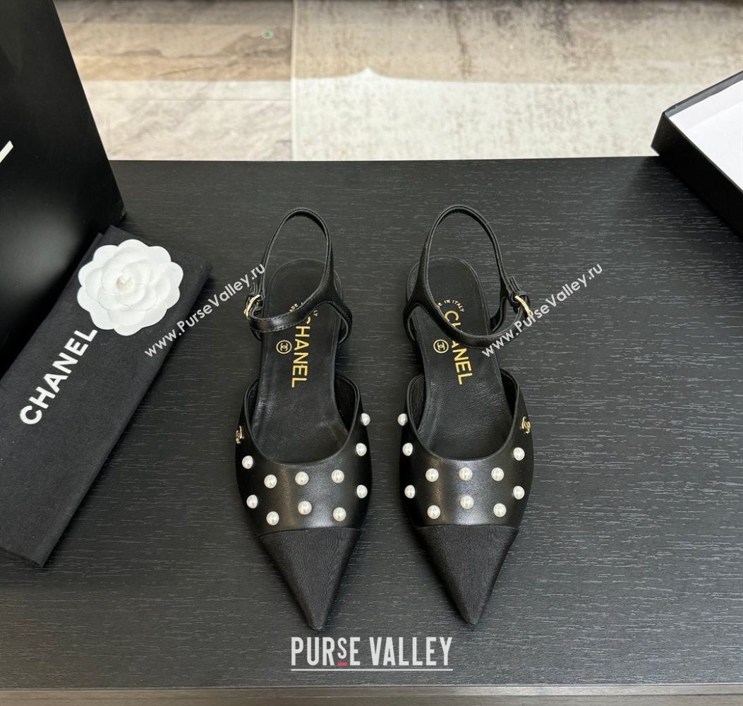 Chanel Lambskin Grosgrain Flats Slingbacks with Pearls Black 2025 CH110314 (MD-251103117)