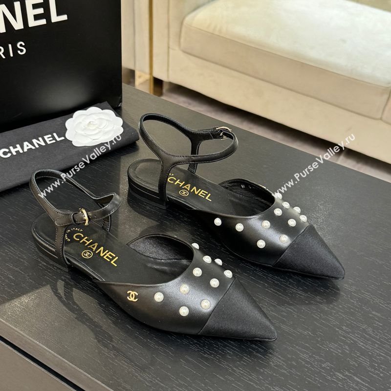 Chanel Lambskin Grosgrain Flats Slingbacks with Pearls Black 2025 CH110314 (MD-251103117)