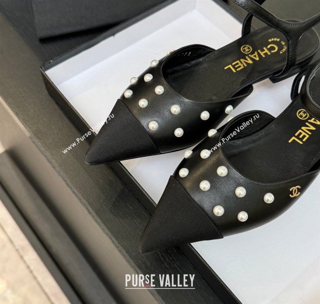 Chanel Lambskin Grosgrain Flats Slingbacks with Pearls Black 2025 CH110314 (MD-251103117)