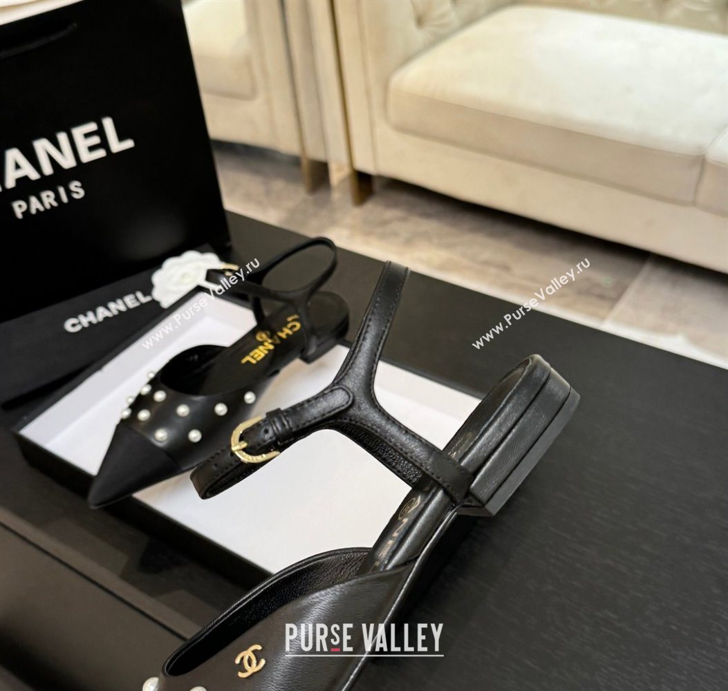 Chanel Lambskin Grosgrain Flats Slingbacks with Pearls Black 2025 CH110314 (MD-251103117)