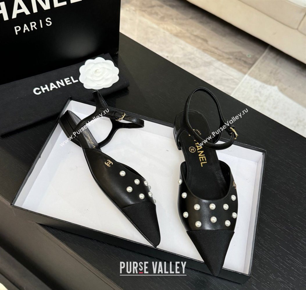 Chanel Lambskin Grosgrain Flats Slingbacks with Pearls Black 2025 CH110314 (MD-251103117)