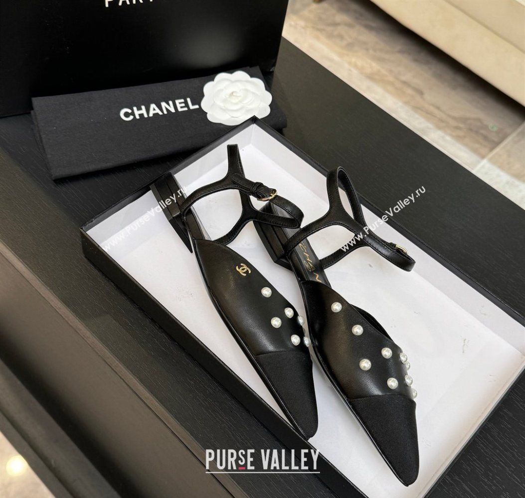 Chanel Lambskin Grosgrain Flats Slingbacks with Pearls Black 2025 CH110314 (MD-251103117)