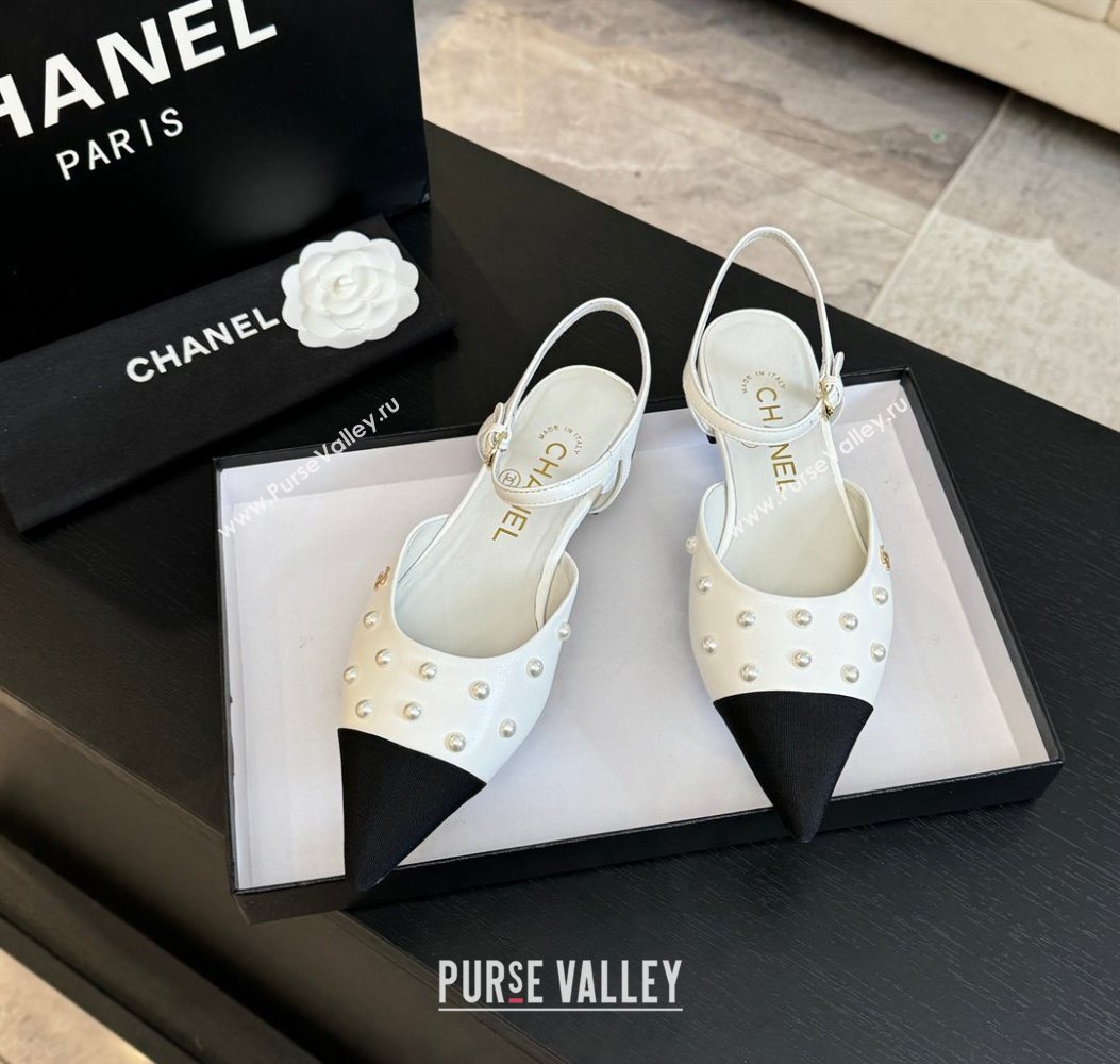 Chanel Lambskin Grosgrain Flats Slingbacks with Pearls White 2025 CH110314 (MD-251103118)