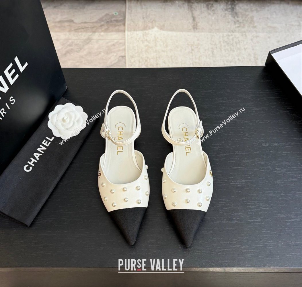 Chanel Lambskin Grosgrain Flats Slingbacks with Pearls White 2025 CH110314 (MD-251103118)