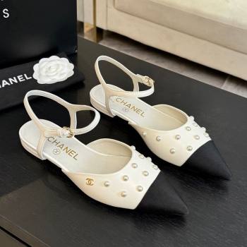 Chanel Lambskin Grosgrain Flats Slingbacks with Pearls White 2025 CH110314 (MD-251103118)
