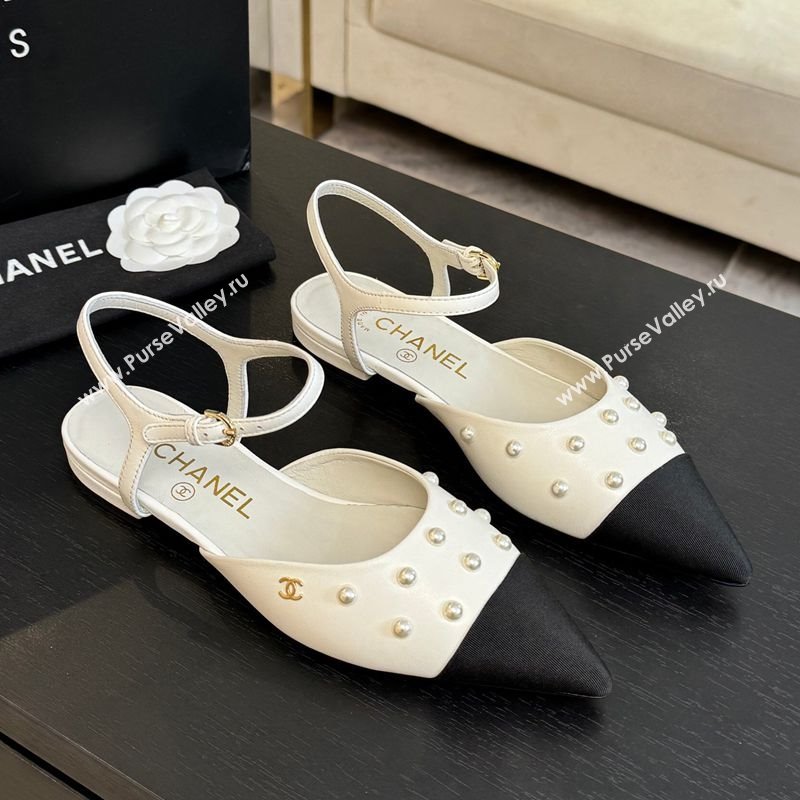 Chanel Lambskin Grosgrain Flats Slingbacks with Pearls White 2025 CH110314 (MD-251103118)