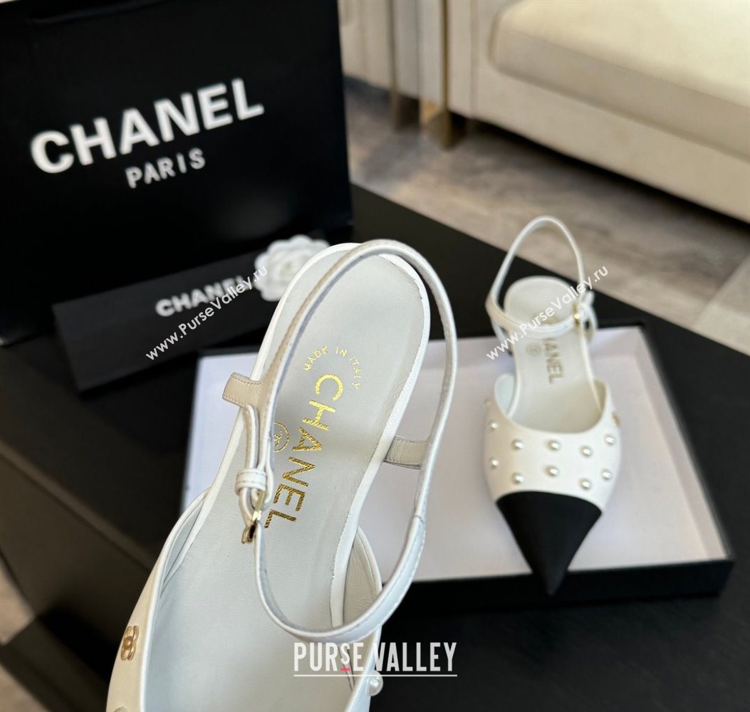 Chanel Lambskin Grosgrain Flats Slingbacks with Pearls White 2025 CH110314 (MD-251103118)