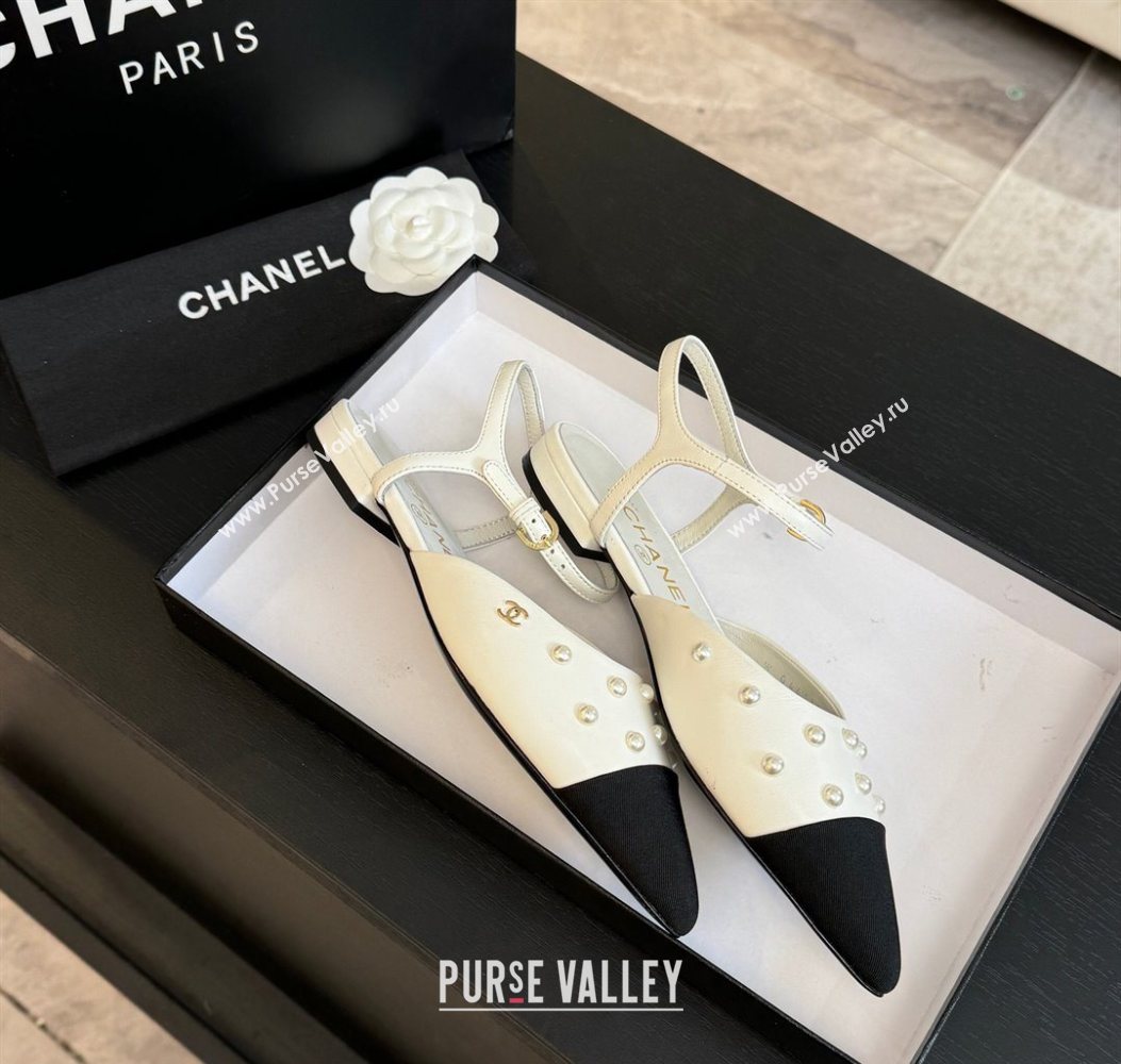 Chanel Lambskin Grosgrain Flats Slingbacks with Pearls White 2025 CH110314 (MD-251103118)
