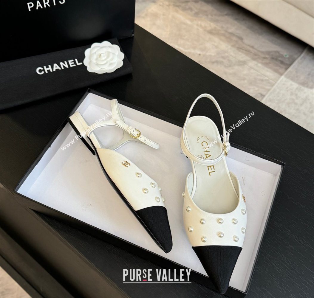 Chanel Lambskin Grosgrain Flats Slingbacks with Pearls White 2025 CH110314 (MD-251103118)